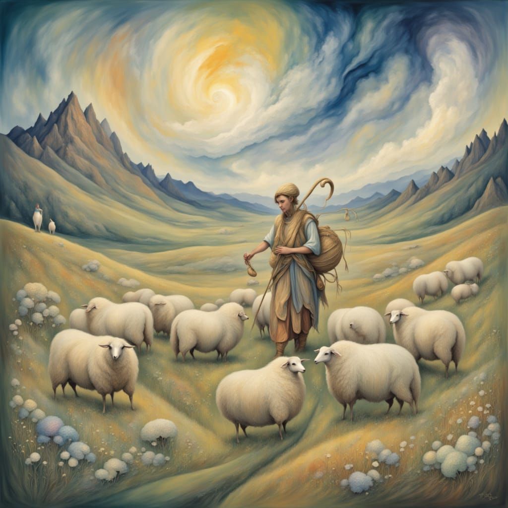 <lora:Misty Mystic:1.0> shepherd leading sheep through a meadow