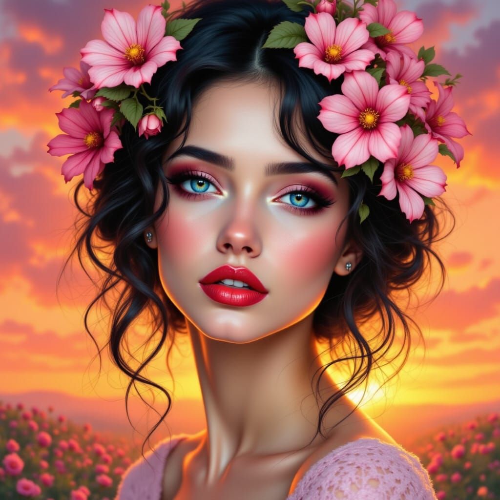 <lora:Beaux portraits:1.0>   a stunning woman with pink  +white flowers in her hair, blue eyes, red lips,  a detailed painting, inspired by ...