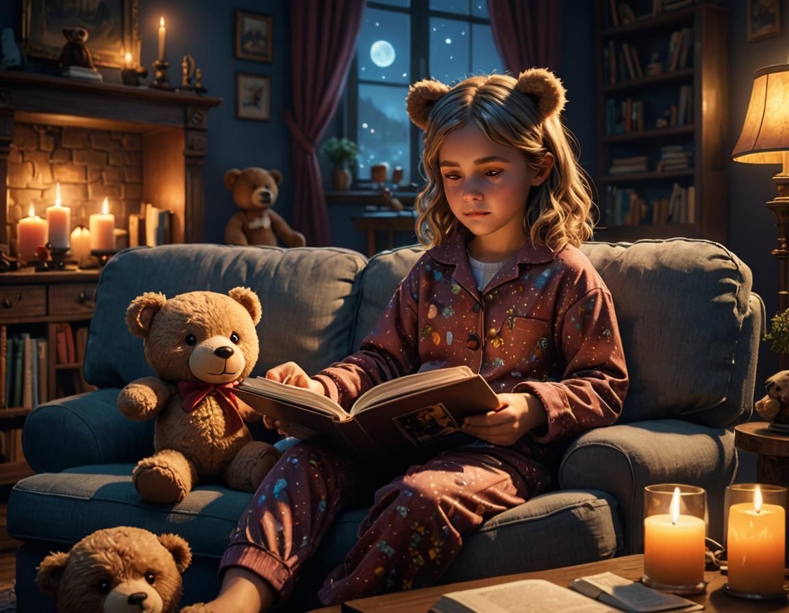 Nine-year-old girl in pajamas sitting in her couch reading a...