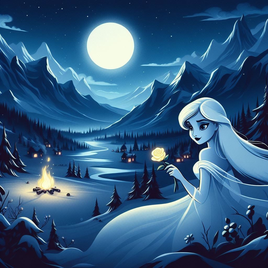 a pale white beautiful ghostly girl is walking through a moonlit valley with mountains on either side. a full moon is in...
