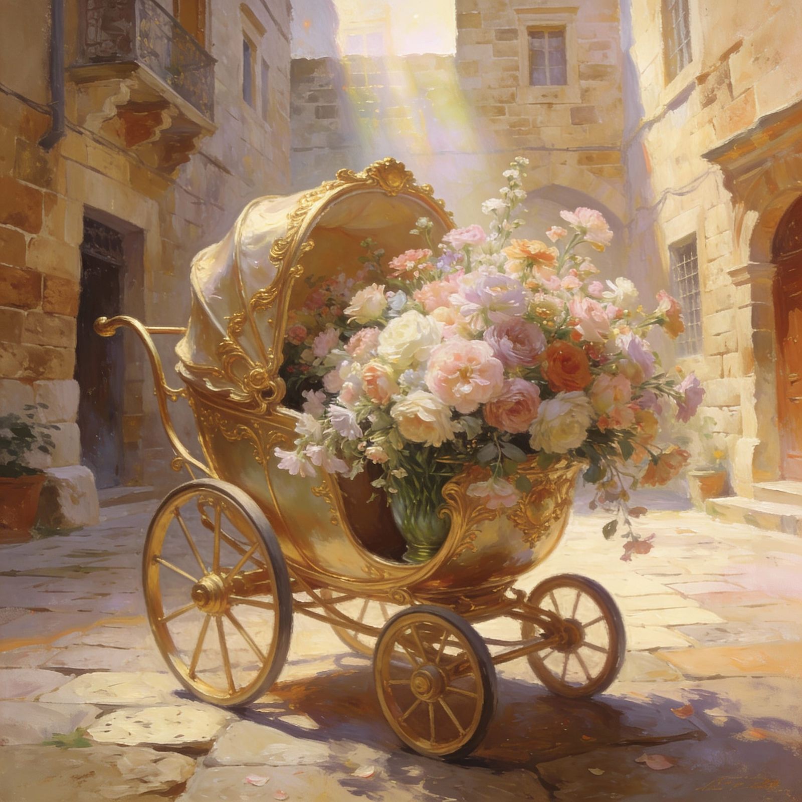 Elegant Baby Carriage Vase with Flowers in Jerusalem Courtya...