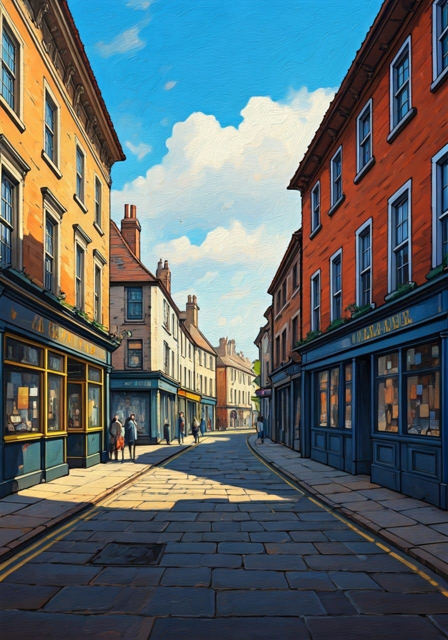 1 point perspective of an english town high street,  quick s...