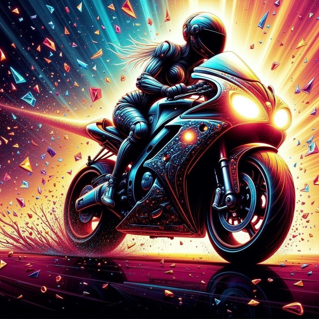 <lora:BeonBlitzFL:1.0> insane dynamic masterpiece illustration of speeding liquid ink dissolving motorbike with liquid ink female rider thro...