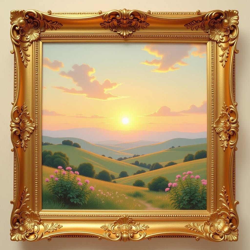 Golden Ornate Frame Surrounds Romantic Landscape