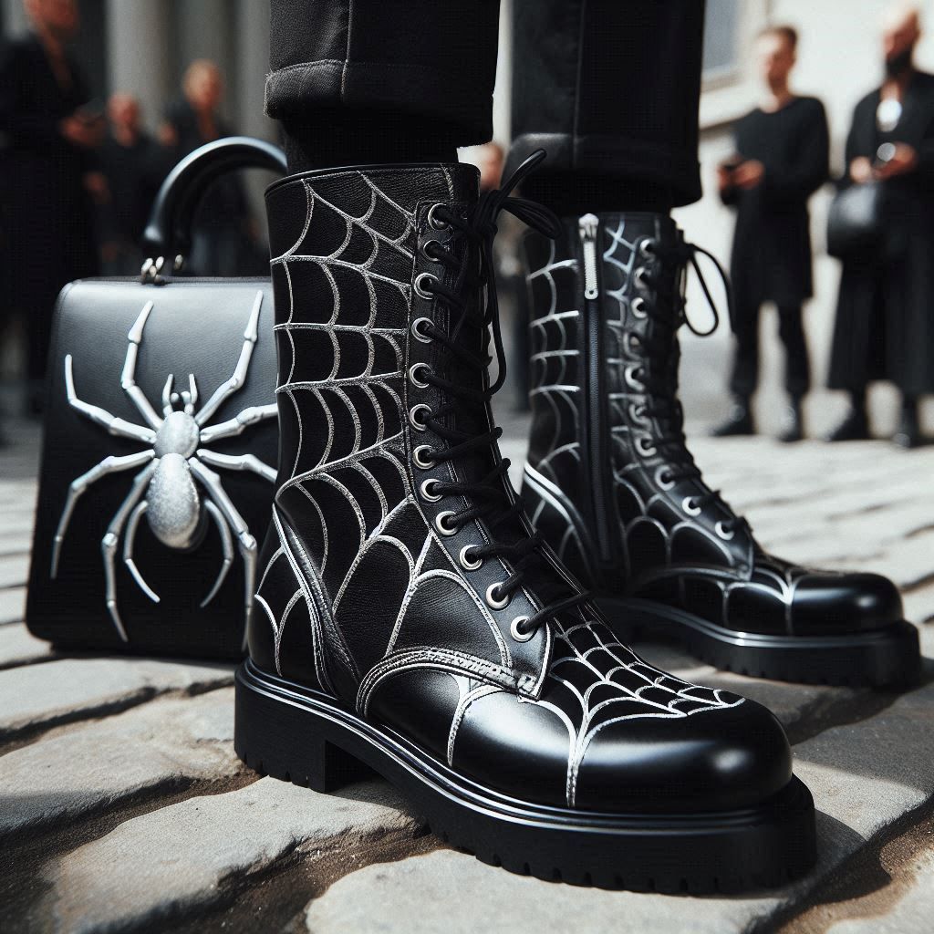 black leather boots with silver spider web details and matching bag in the style of Rick Owens