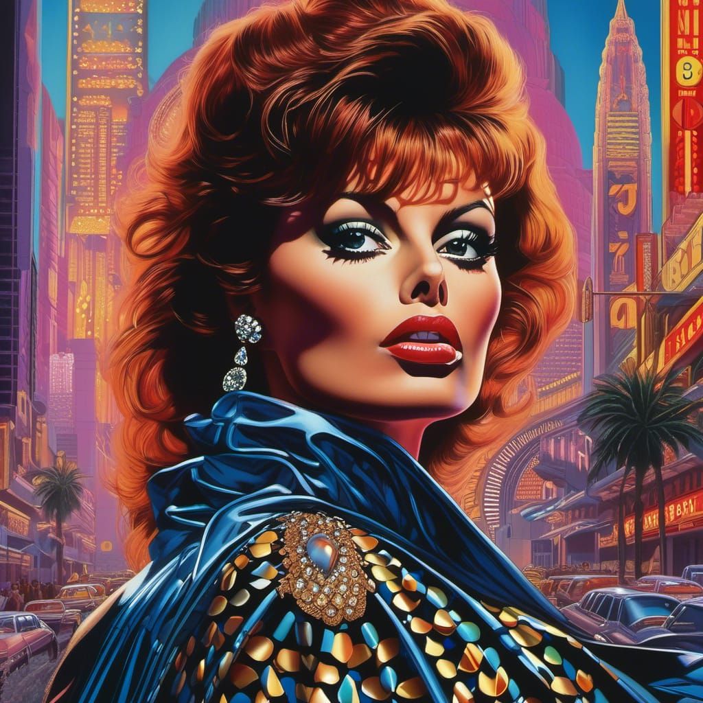 highly detailed PHOTOREALISTIC  INTRICATE alluring YOUNG SOPHIA LOREN medium shot in 80S leather fashion style, BY alex ross AND jim burns A...