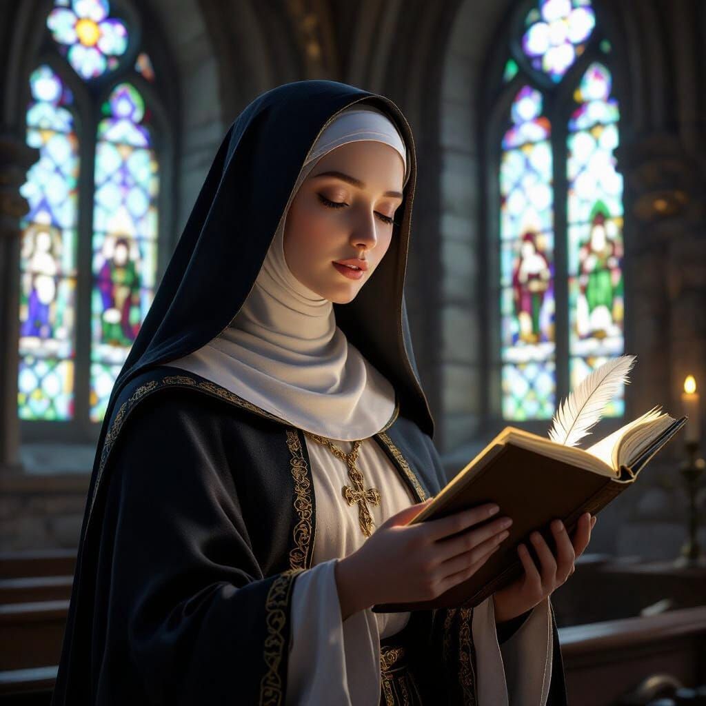 A medieval period nun with a quill, singing Gregorian Chant