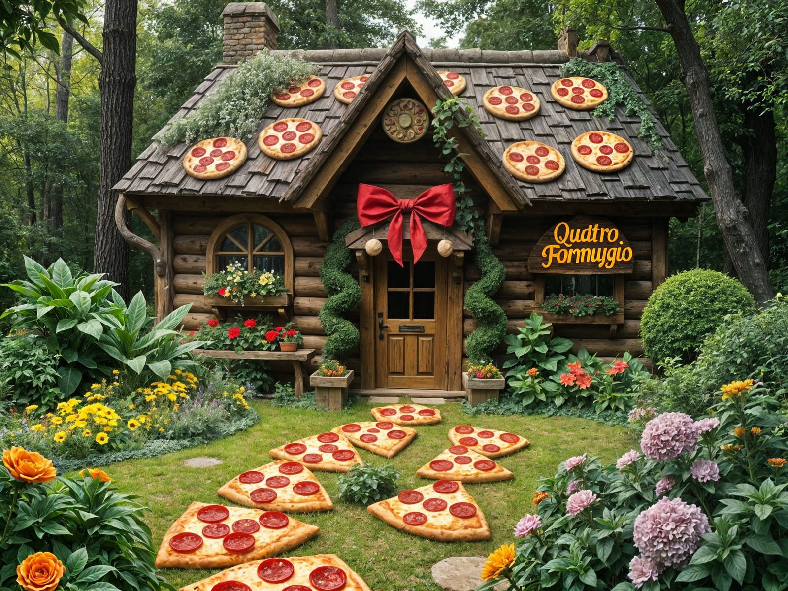 A small hunters cottage decorated in Quattro Formaggio pizzas with a path made up of pepperoni pizza ...  by @Rubicon_K