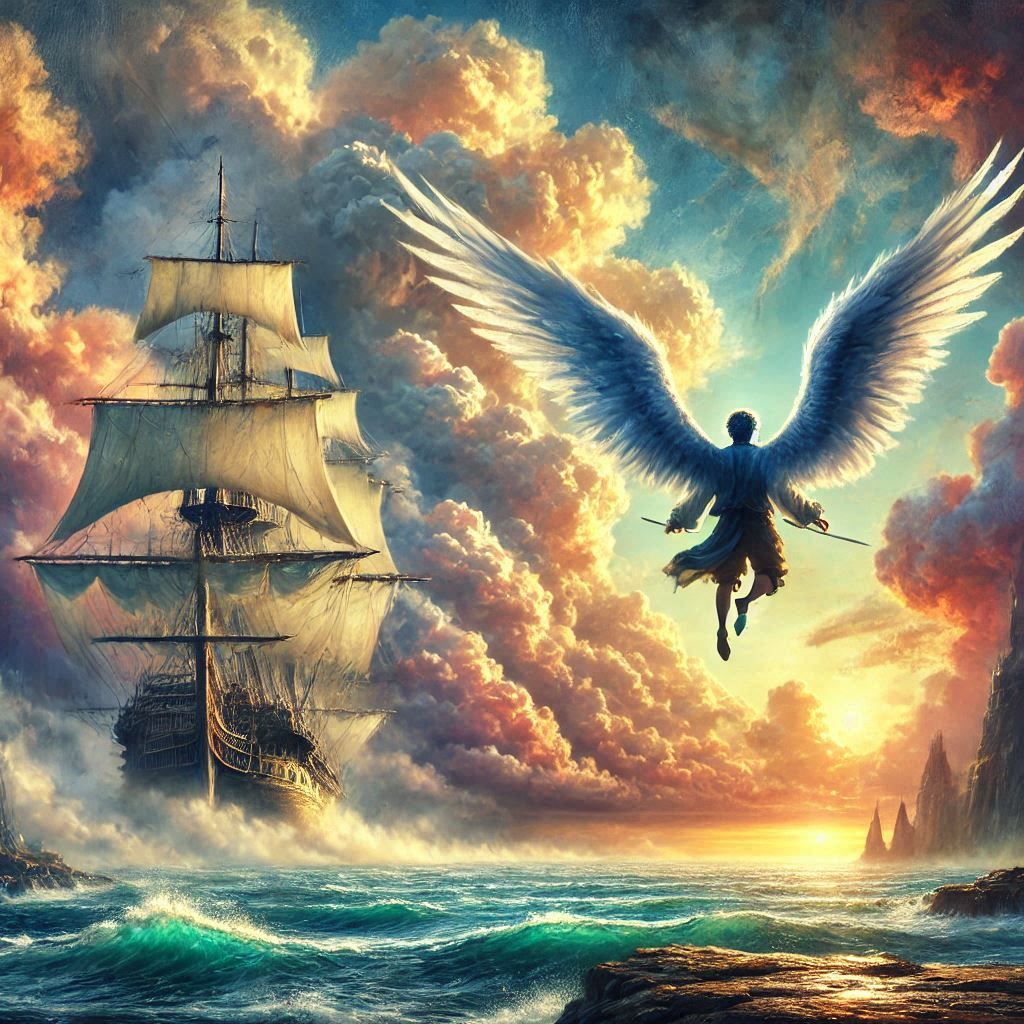 Winged man over the sea