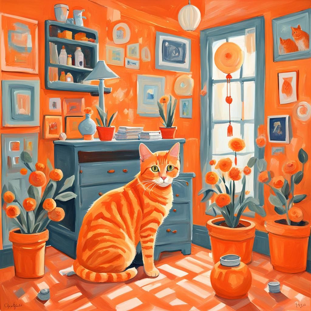 Orange tabby cat in a quirky room painted orange with orange...