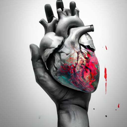 black and white image of a hand holding a heart, hyperrealis...