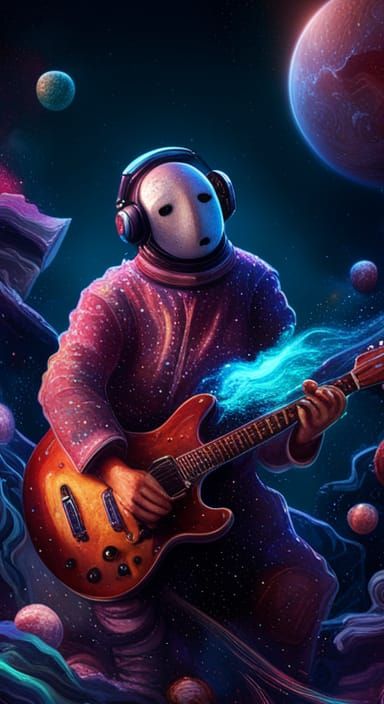 no face cosmonaut playing guitar surrounded by small multico...