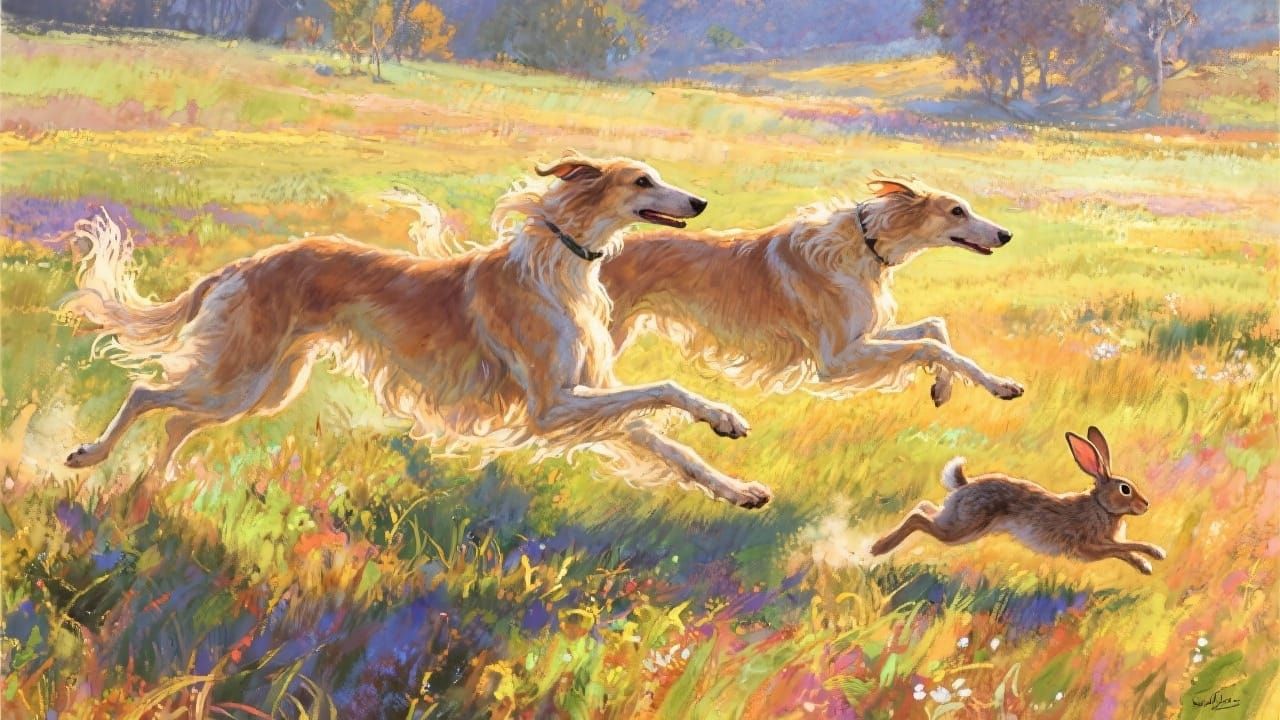 Painting of two fast racing Barzoi sighthounds, enjoying the chase.