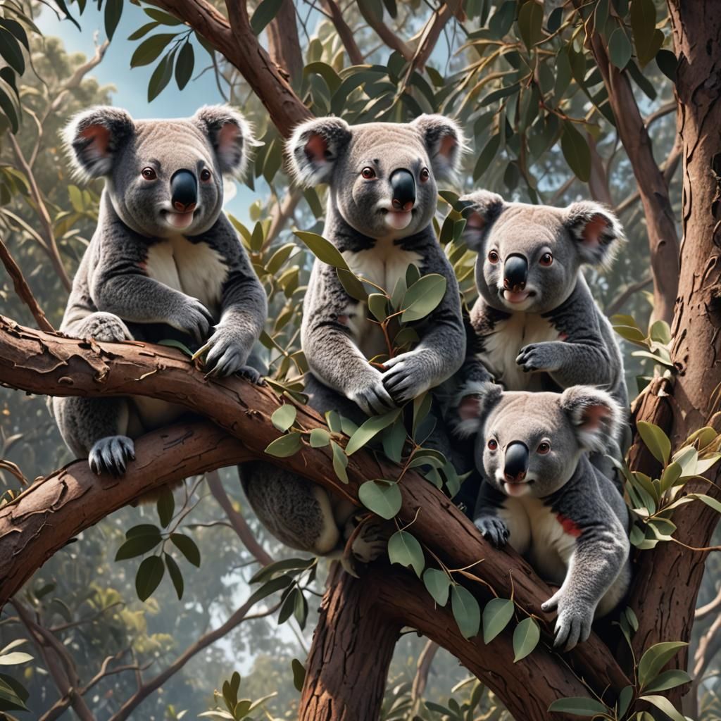 5 koalas sitting in a huge gum tree eating leaves