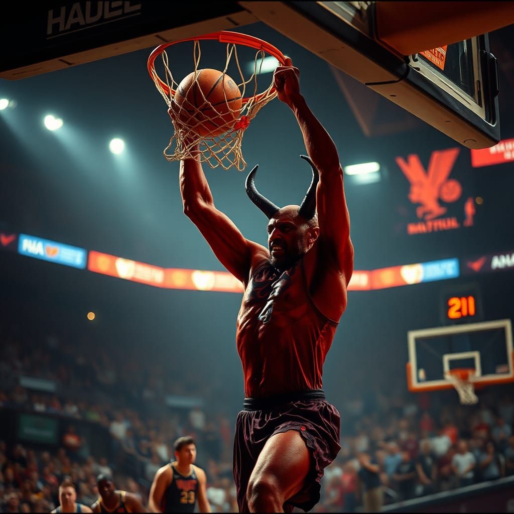satan playing in the nba, red skin, horns