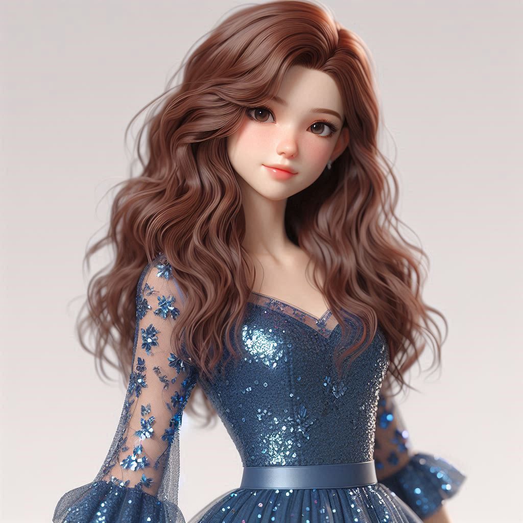 A teenager with wavy brown hair wearing a blue sequin dress