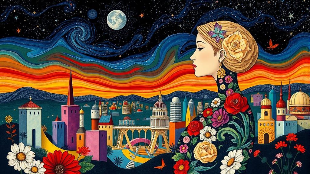 Miró-inspired Surrealist landscape of a dreamlike woman inspired cityscape with bold geometric shapes ...  by @kirra-anne-ramirez