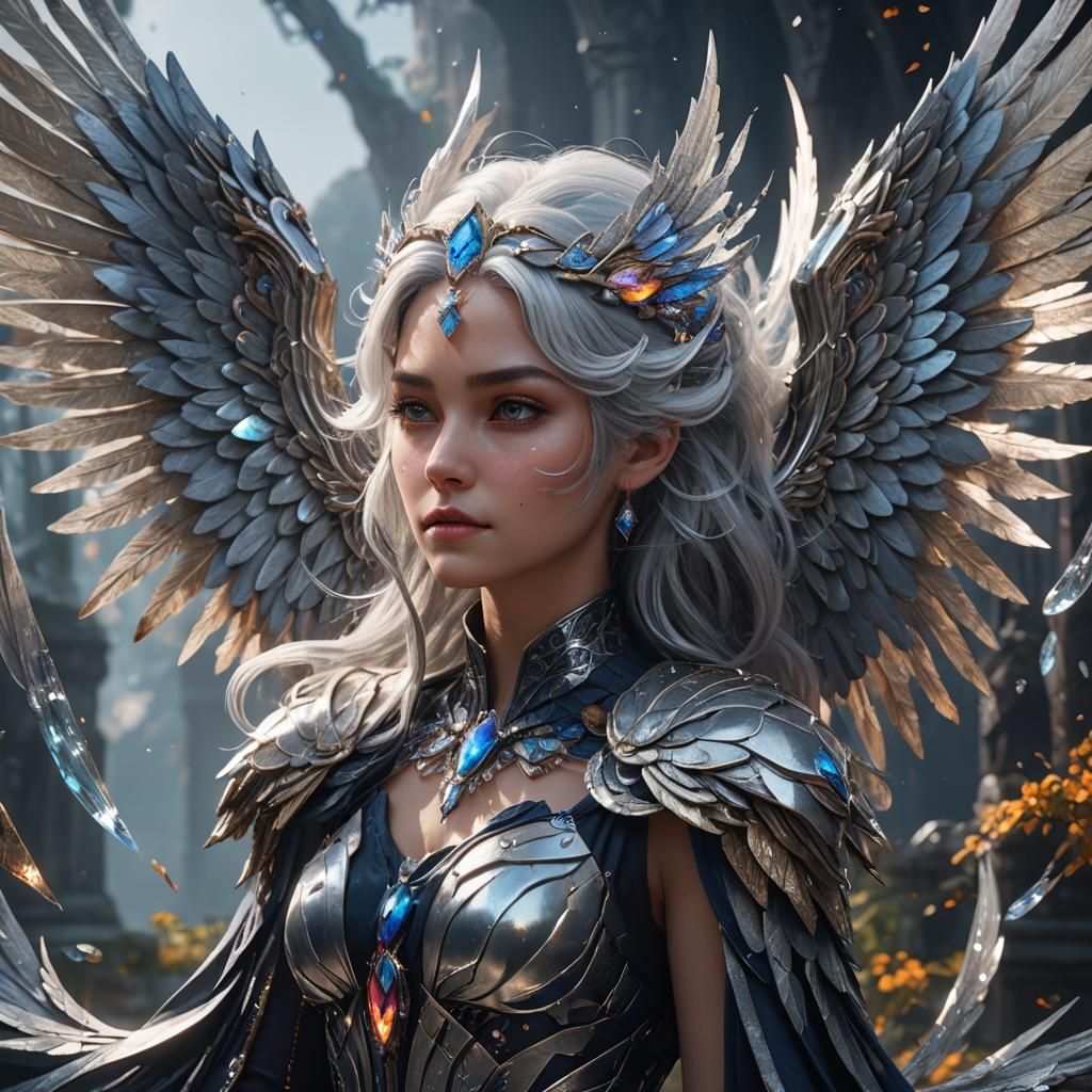 Silver hair crystal wings lady