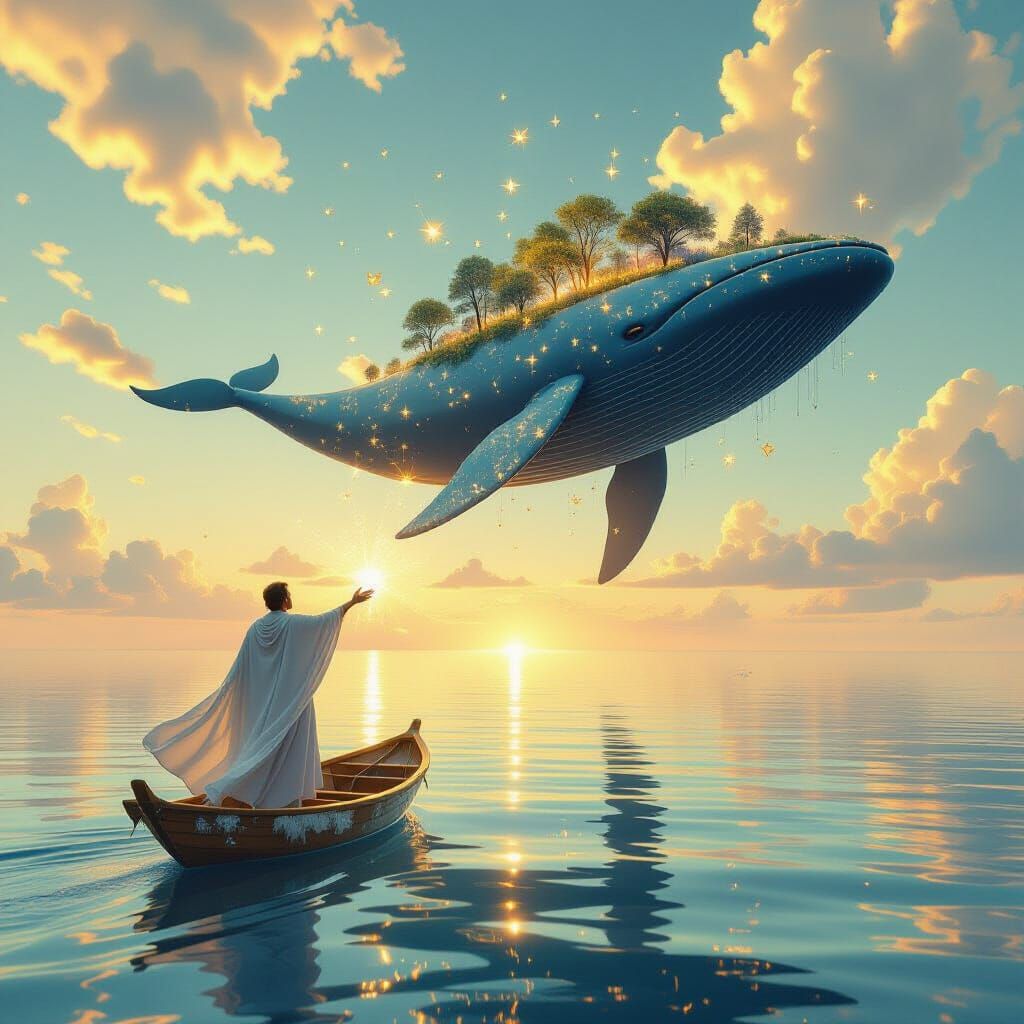 "The Horizon That Sings"

Scene Description:

Imagine a vast desert of liquid light, like a sea, but with waves made of glass ribbons that r...