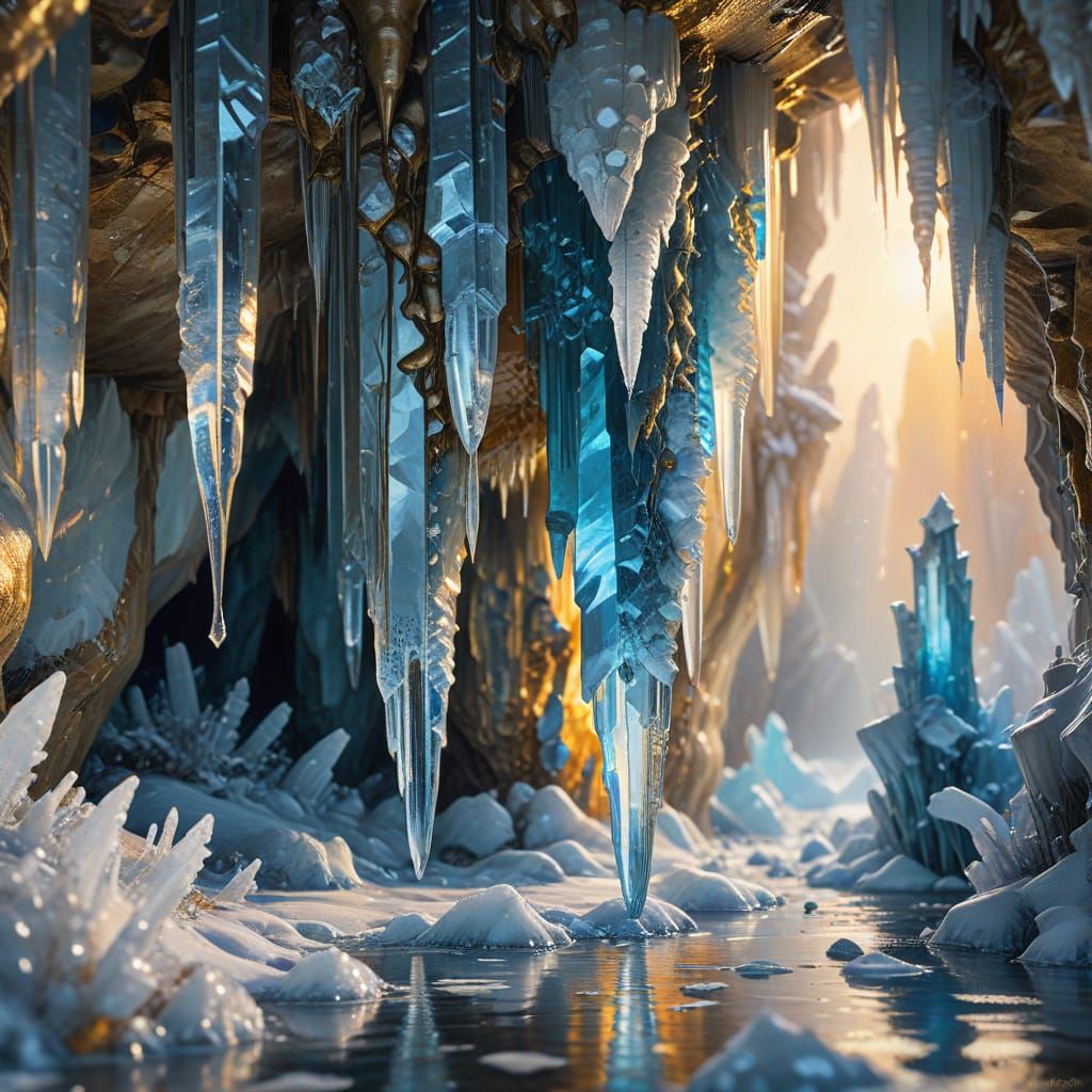 Double exposure: Macro photography of ice stalactites and stalagmites reflecting daylight. Winter nature. ...  by @Granit9