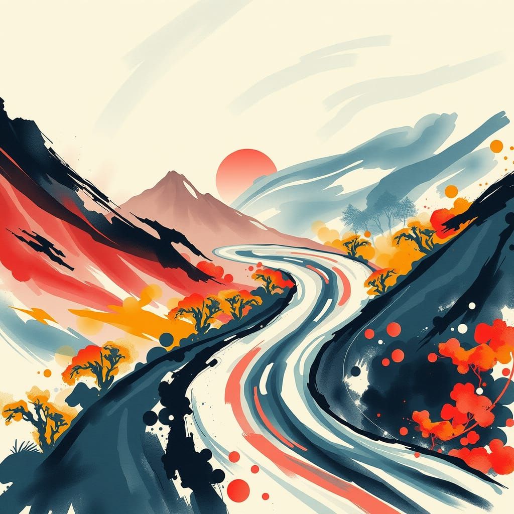 Caligraphy roads in the flowing Japanese ink heaven