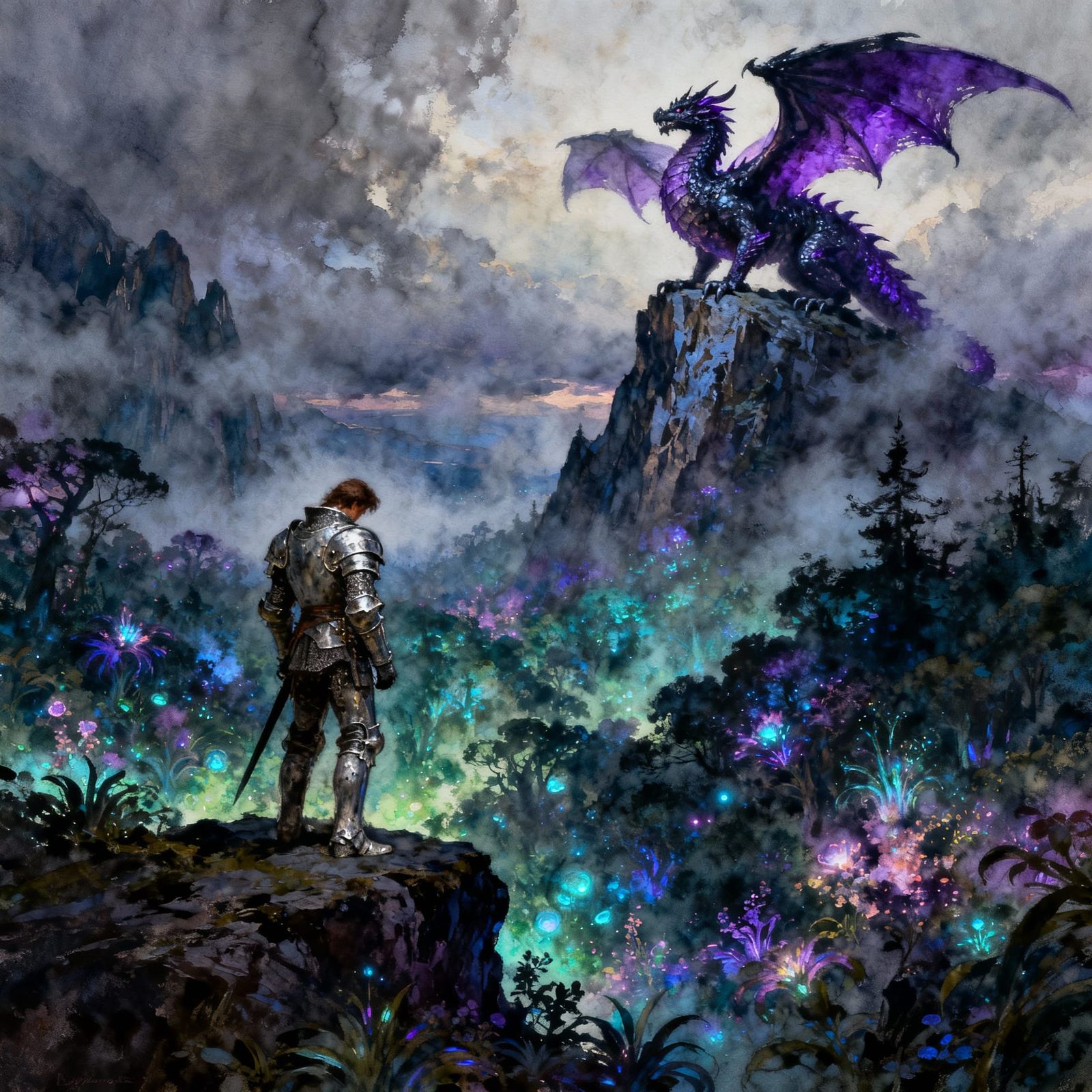 Weary Knight Overlooks Enchanted Forest with Dragon
