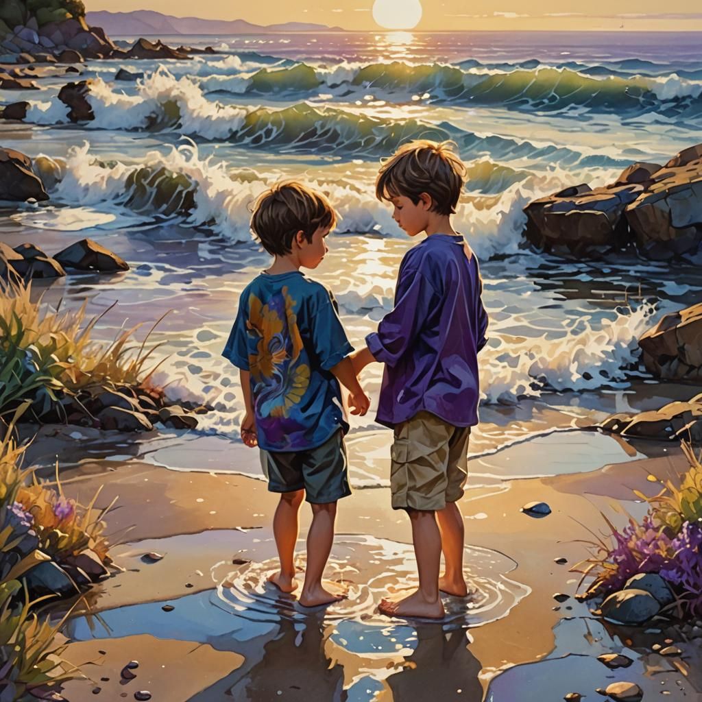 Child Plays by Ocean Shore in Dreamy Fantasy Art