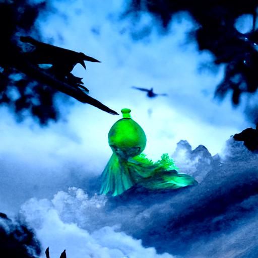 A green fairy dances in the night sky with a blue bird