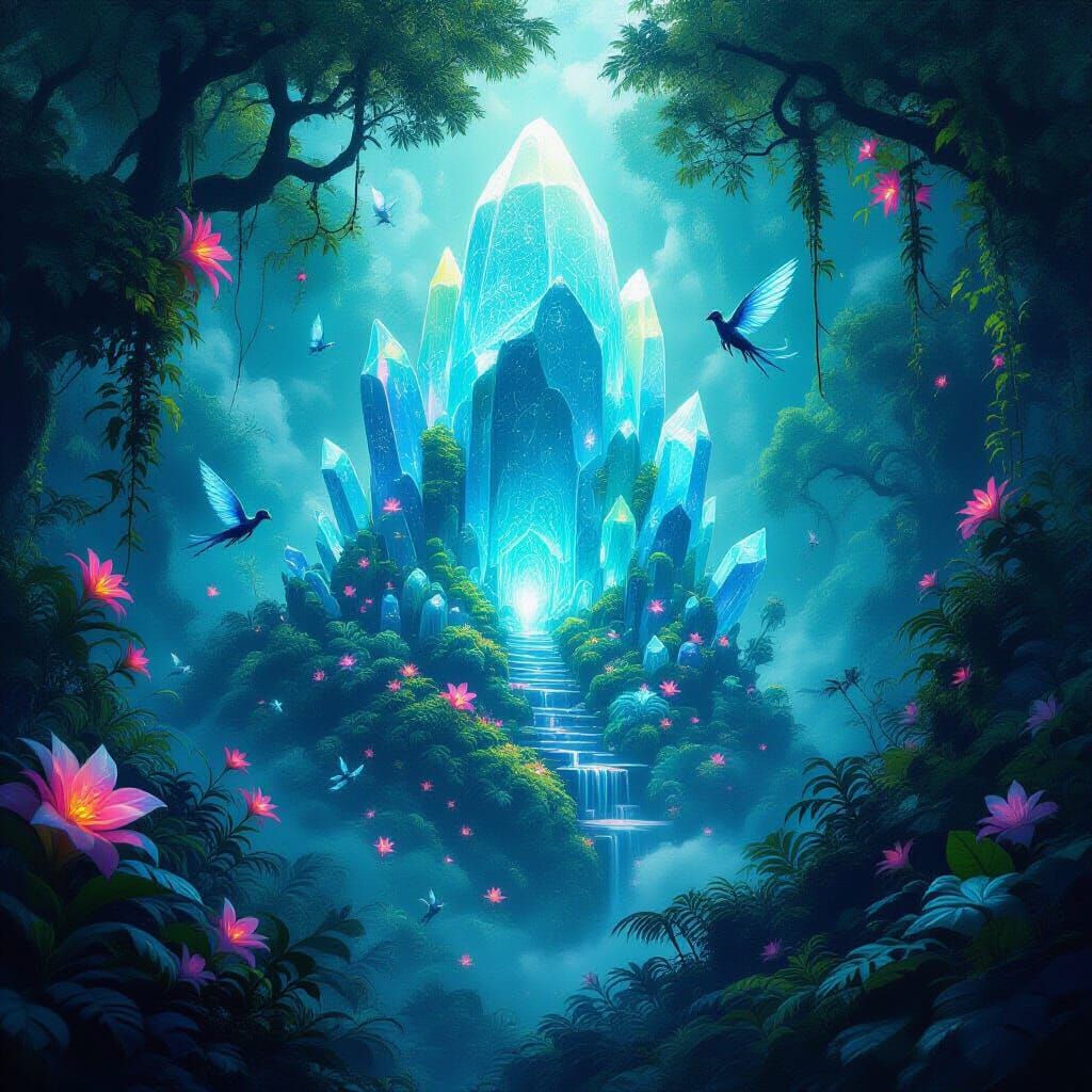 A vibrant, bioluminescent jungle teeming with alien flora, centered around a colossal, crystalline structure that pulses with soft, internal...