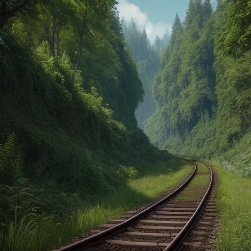 photo realistic, a set of railroad tracks running straight n...