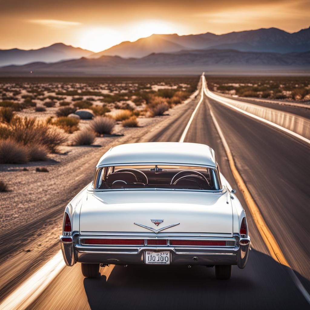 white classic car driving along a highway in the Nevada dese...