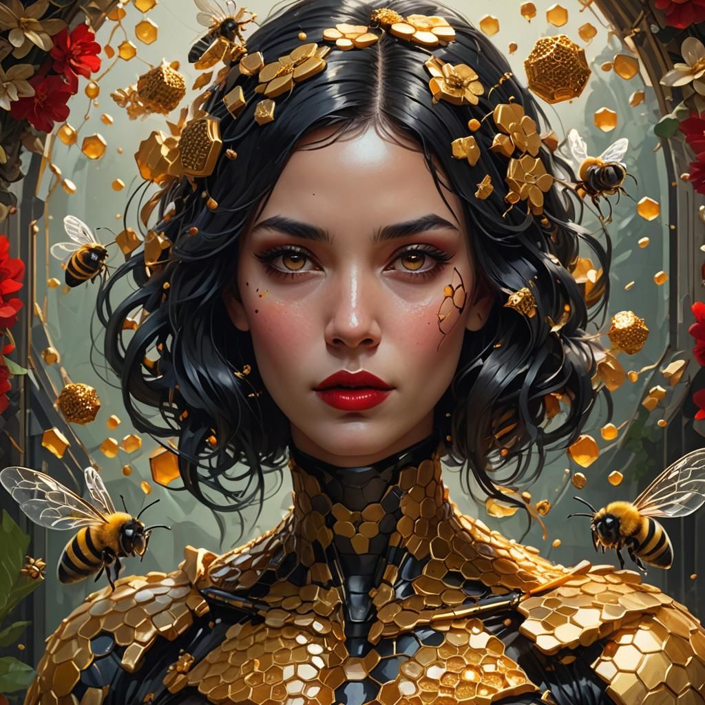 Bee Lady with honey comb suit. Dripping honey. red lips. Bla...