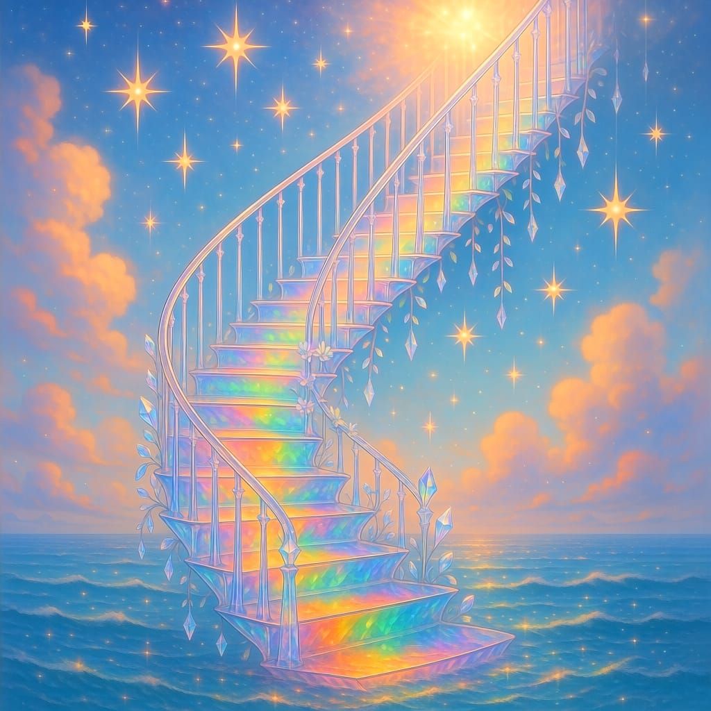 Ethereal Crystal Staircase Ascends to a Magical Sky