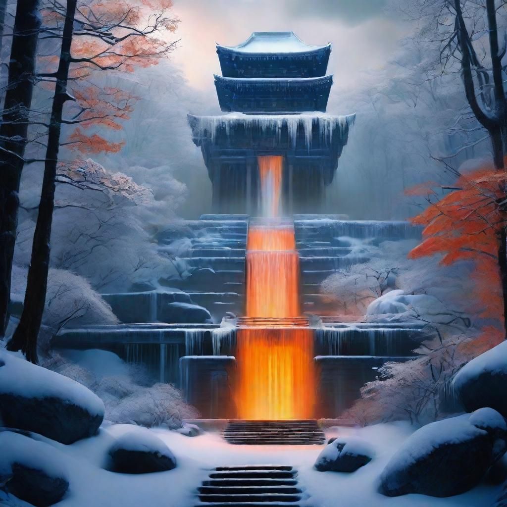 Icy Waterfall at Japanese Temple in Snowy Forest