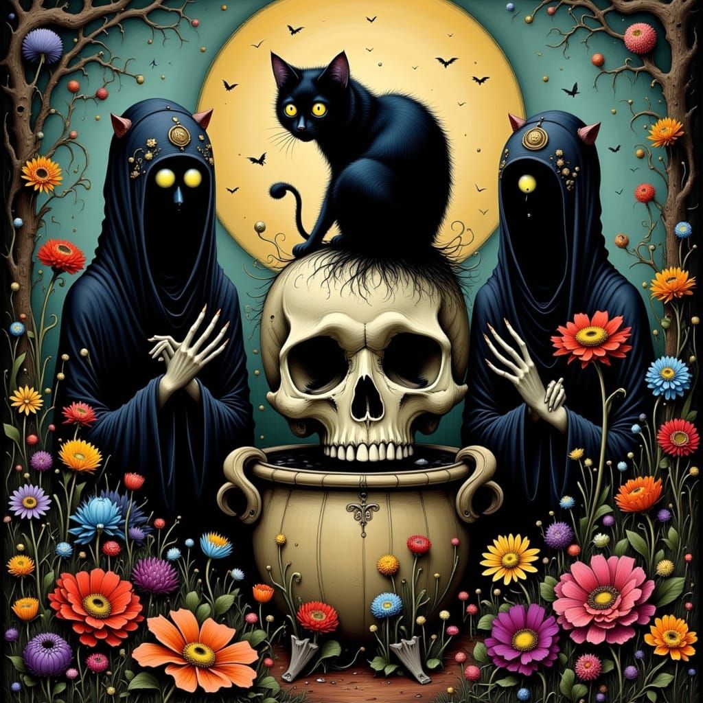 Black cat. Skull. flowers  Witches 
<lora:Dark-Whimsy:1.0> <lora:Burton Big Eyes:1.0> <lora:Akimora:1.0>