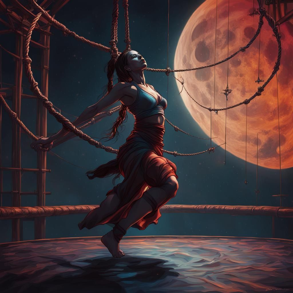female engaging in shibari, suspended from a crescent moon structure