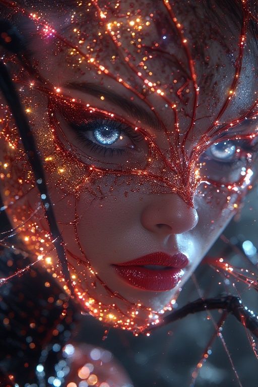 In velvet gloom of shadowed webs, glinting like frost-steel ...