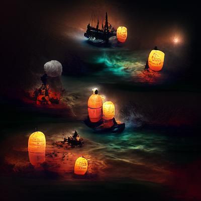 Glowing lanterns on a dark sea digital illustration volumetric lighting