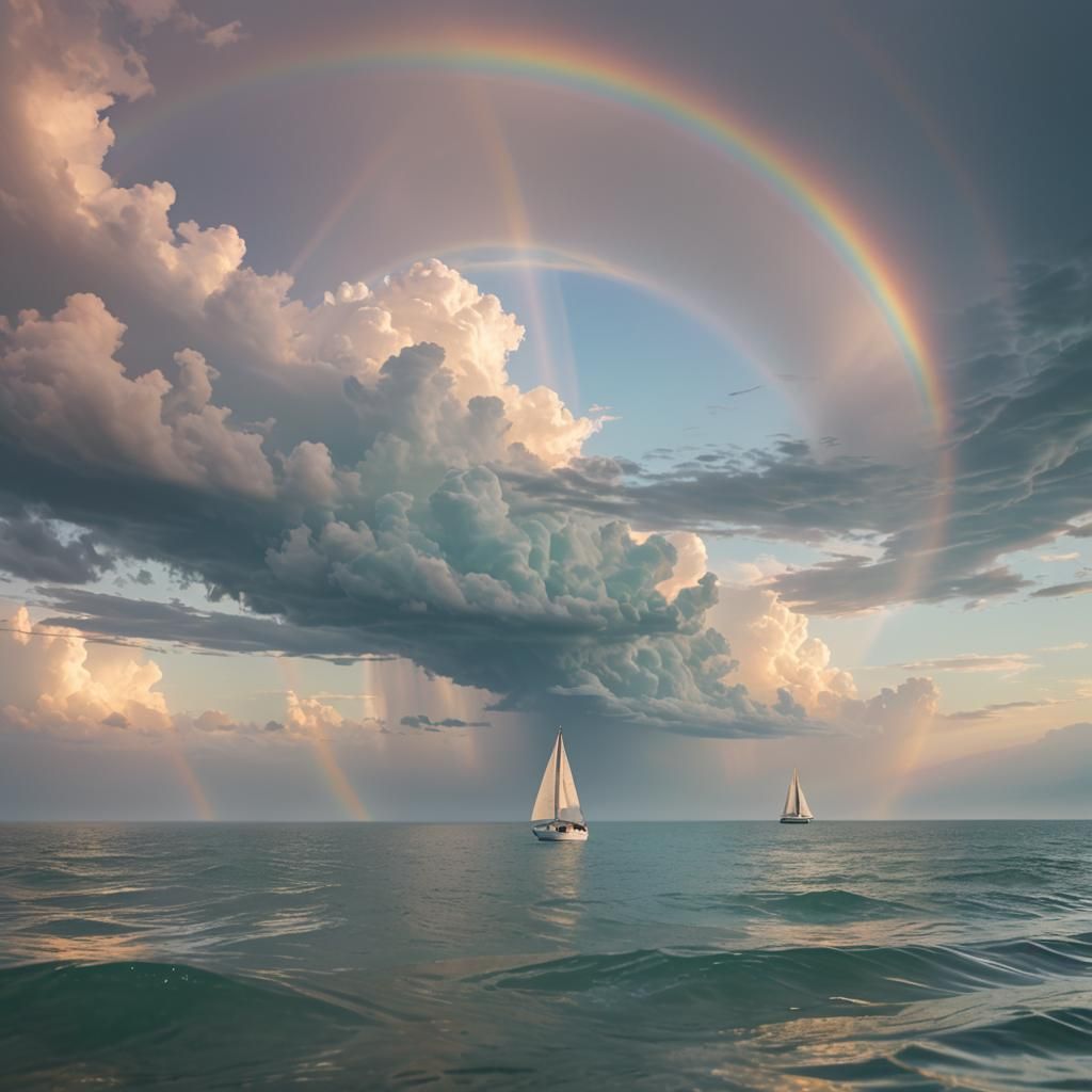 Dreamlike Ocean Scene with Rainbow Clouds