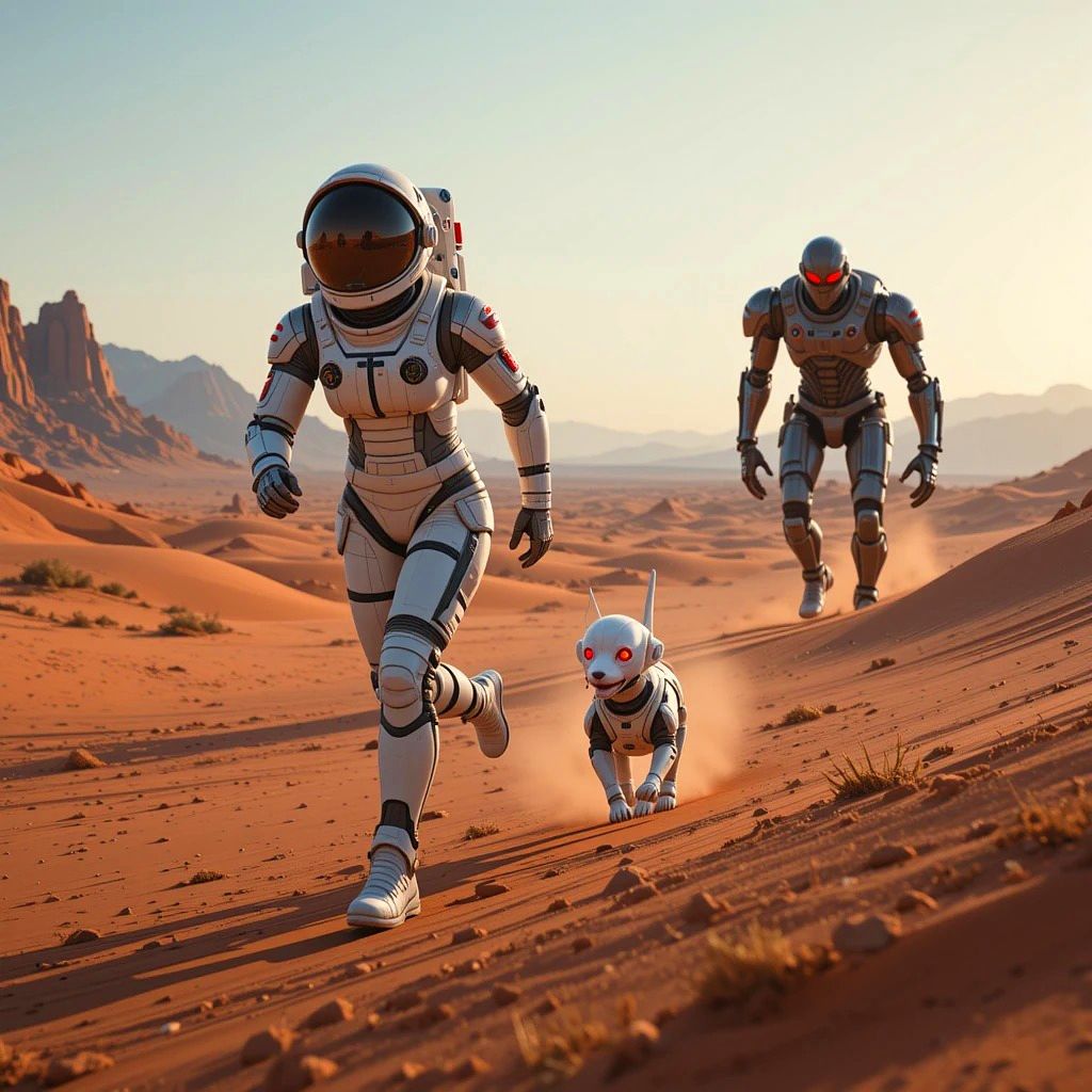 On Mars, a female astronaut and her robot dog are running to escape a giant robot monster chasing them. The red, dusty l...