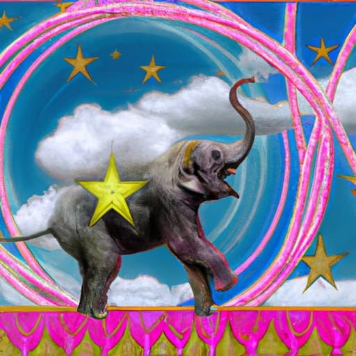 Circus elephant dancing on pink fluffy clouds in glittery sk...
