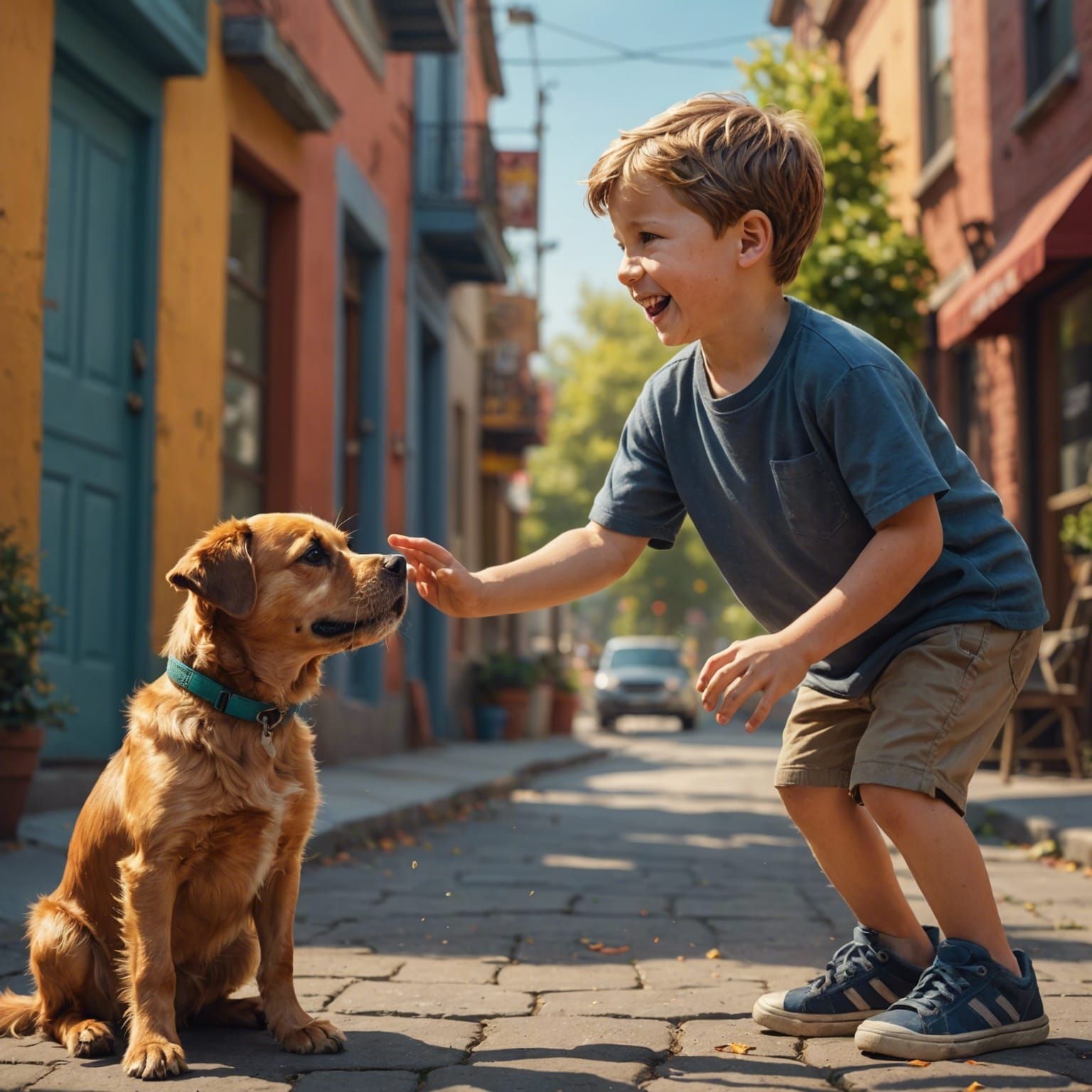 Little boy asks dog for "high fives" gesture