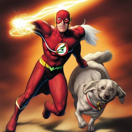 The superhero Flash walking a dog with superpowers