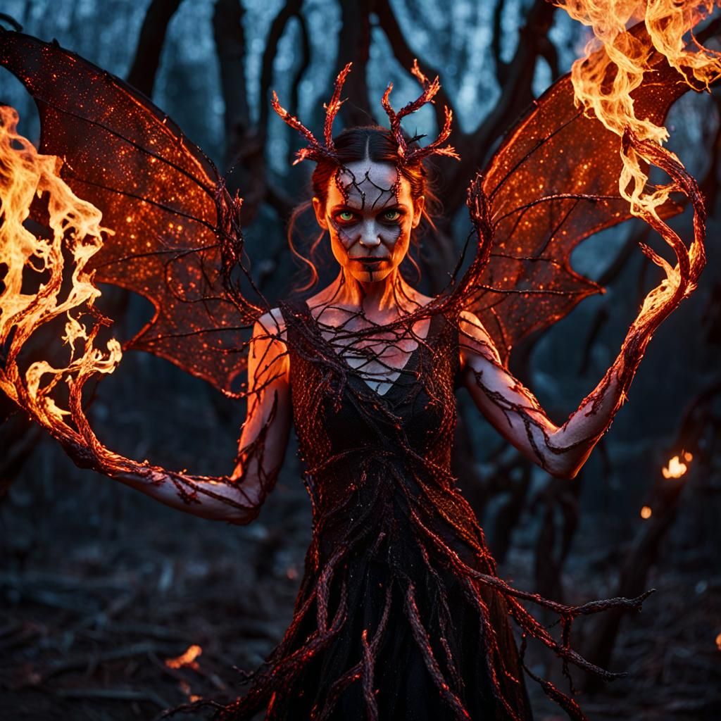 A dark fire fairy with devil wings and twisted dark branches...