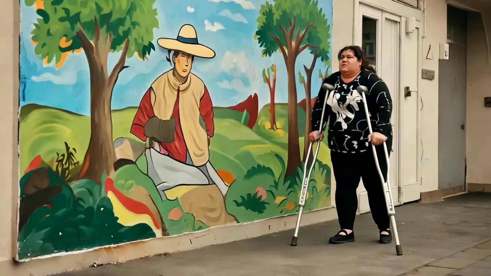 Very obese woman is walking on high crutches and falls down and crashes the mural.