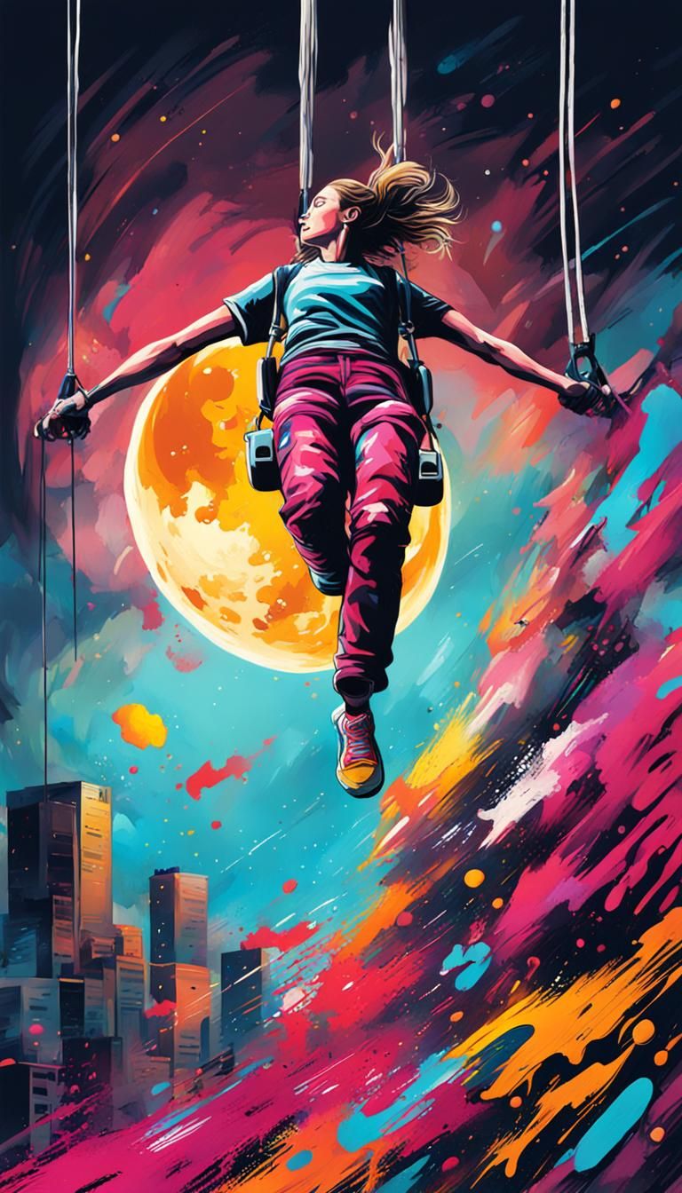 A woman bungee jumping upside down+ off the Moon