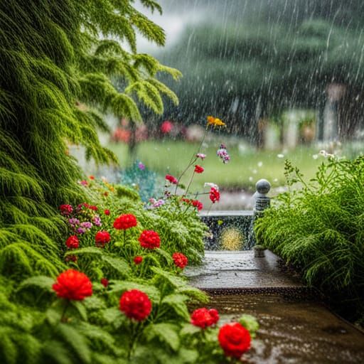 looking through a window at very heavy rain falling on a flo...