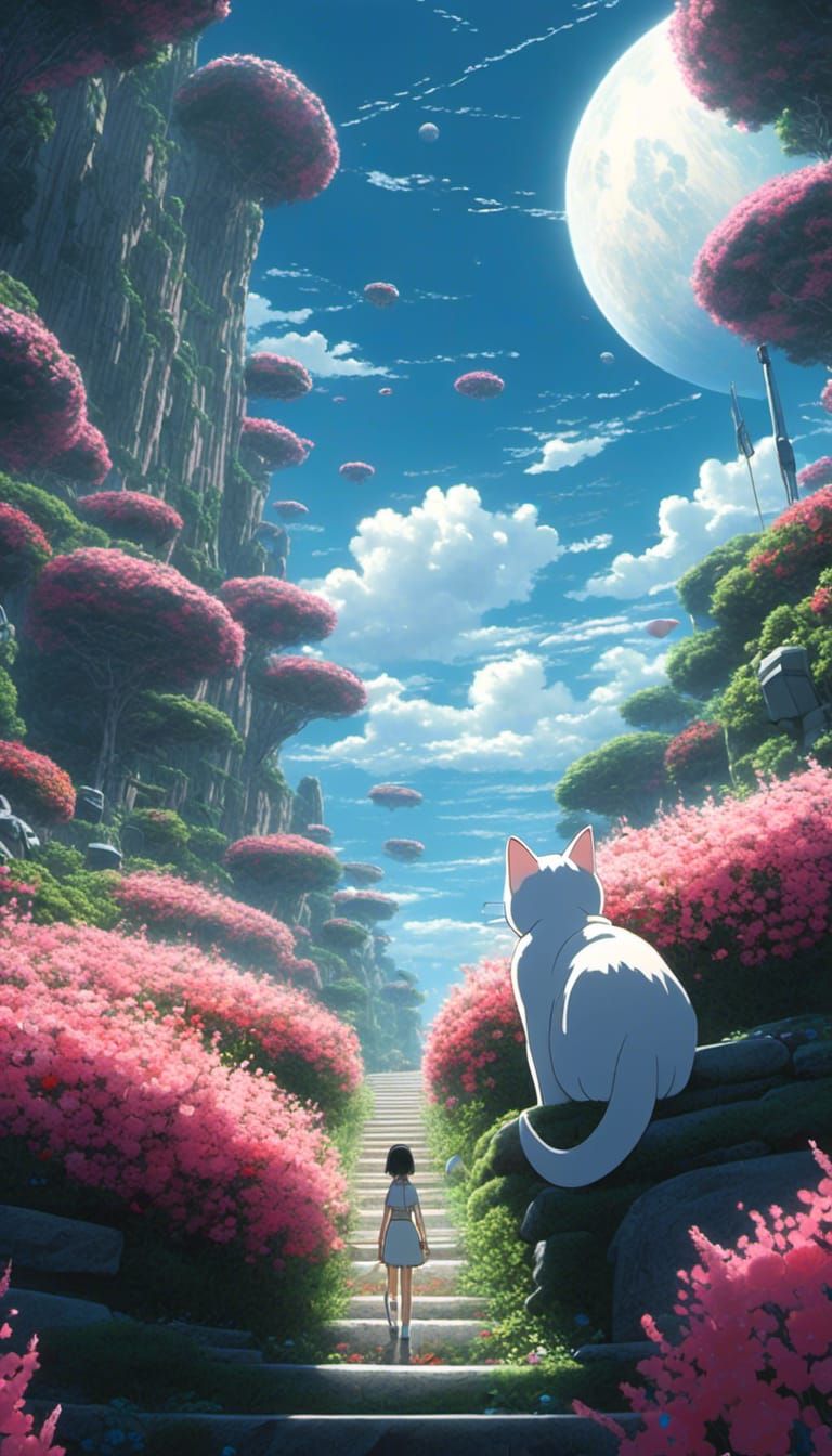 alien planet, shining flowers, two moons, white cat, shining...