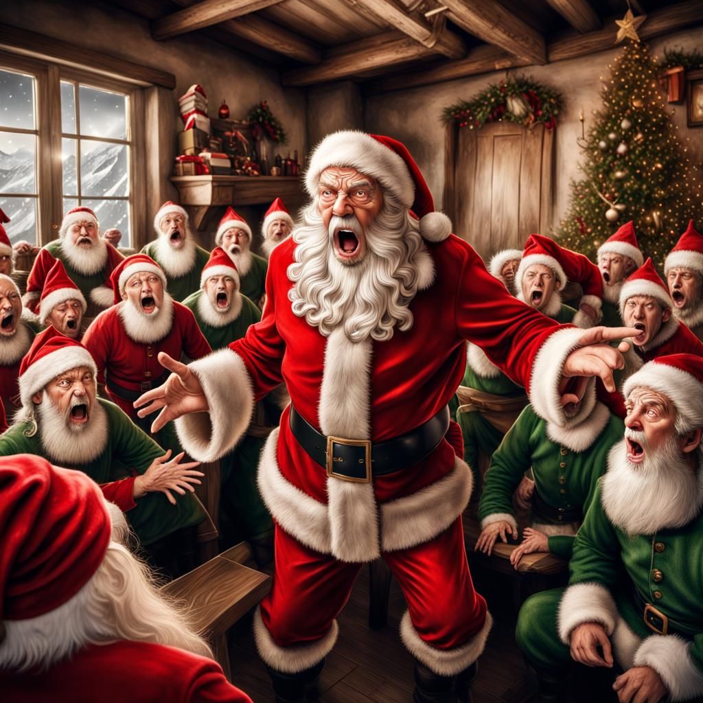 Santa Claus angrily yelling at a room of hardworking elves - AI ...