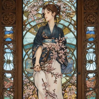 Art by Masamune Shirow, Japanese-inspired stained glass, delicate ...